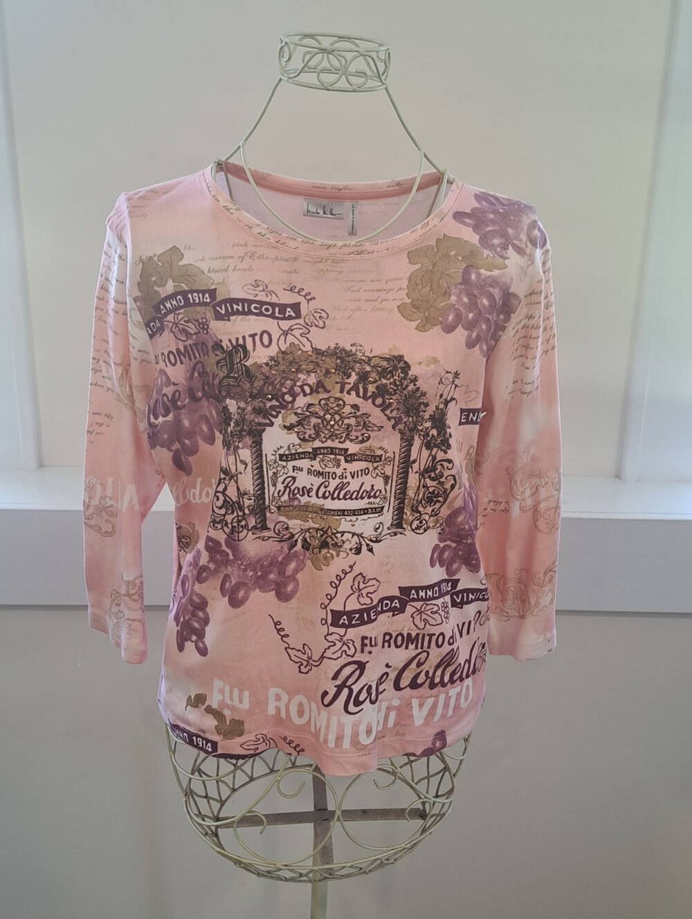 Y2K Nicole Miller Wine Vineyard Themed Pink Cotton Boho Hippie Gypsy Top Lg.
